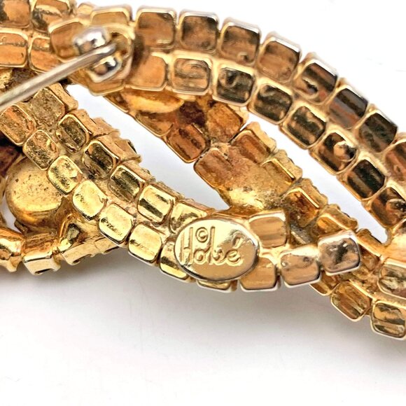 Large Hobe vintage flower accent green + AB rhinestones long pin brooch, signed - Picture 4 of 5